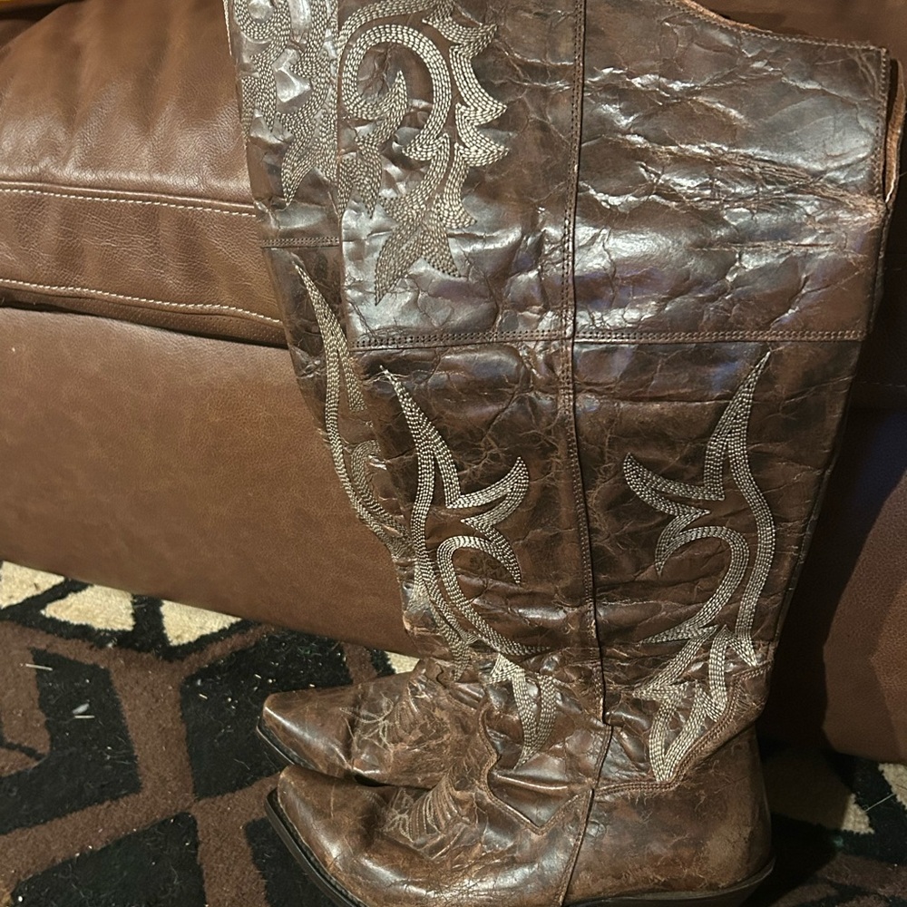Brown Embroidered Leather Boots